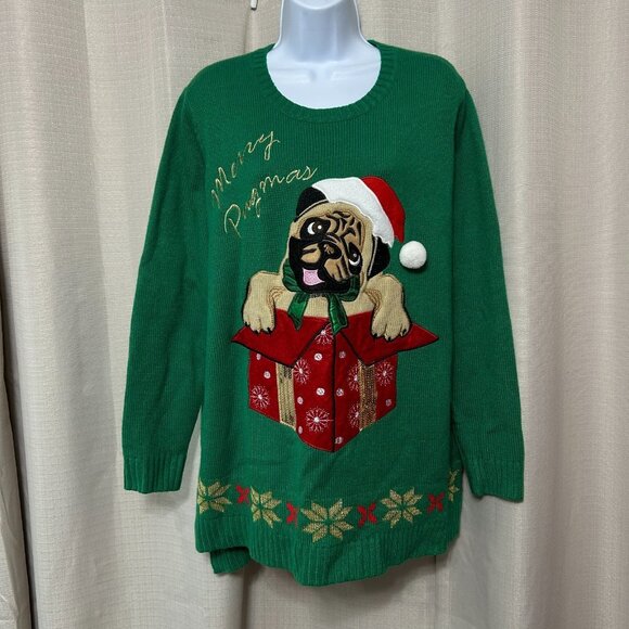 Holiday Time Pug Dog Ugly Christmas Sweater Women's size 2X 18W / 20W Sequins - Picture 1 of 10